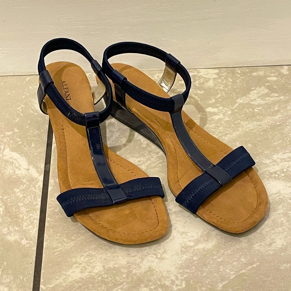 Alfani Navy T-Strap Wedge Sandals